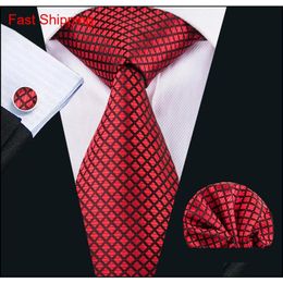 Corbatas de seda roja para hombres enteros a cuadros y cuadros, corbata, pañuelo, gemelos, conjunto de regalo para boda, parte de negocios, N-1607 Z5Vcv217G