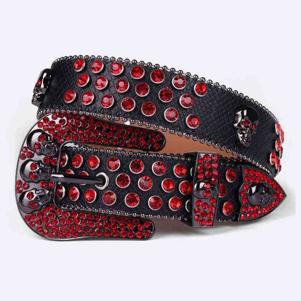 Red Skull Belt Jeans Cintura Mujeres de lujo Cinturones de diseño Correa de cuero de alta calidad Hombres Cinturón de diamantes de imitación góticos Ceinture Femme AA220312