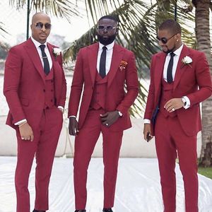 Rouge Slim Fit Garçons D'honneur Tuxedos Business Party Prom Hommes Costumes Groom Wear Pour Mariage Sur Mesure 3 Pièces (Veste + Gilet + Pantalon)