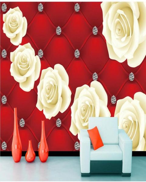 Fondo blanco suave rojo con rosas blancas mural papel tapiz 3d papeles de pared 3d para telón de fondo de televisión 5228425