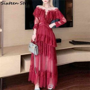 Robe en dentelle solide rouge pour femme taille mince élégante manches longues col rond maxi robes dames fête longue femme automne 210603