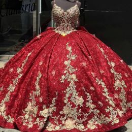 Bouettes spaghetti rouges 3d fleurs arc quinceanera robes de bal robe de bal appliques en dentelle vestidos corset de 15 anos