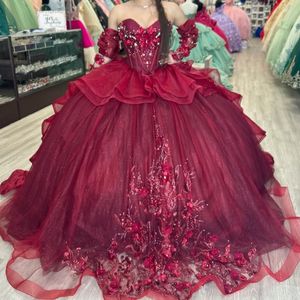Robe quinceanera à paillettes rouge 3D Fleurs appliques en perles robes de bal balayer le train Vestido de 15 anos sweet 16