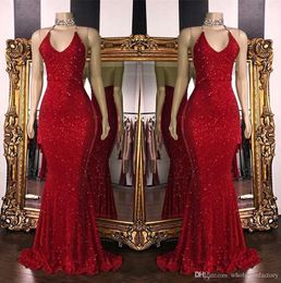 Red Sparkling Sequins Mermaid Prom Dresses Long Halter Beaded Backless Sweep Train Formal Party Evening Dresses vestidos de fiesta ogstuff