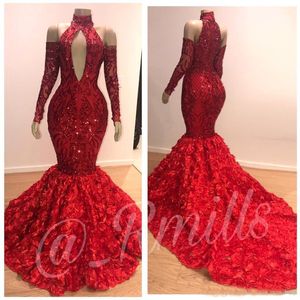 Rode sprankelende pailletten Mermaid Prom Dresses High Neck Lange Mouwen Lace 3D Floral Sweep Train Formele feestjurken Avondjurken 249J