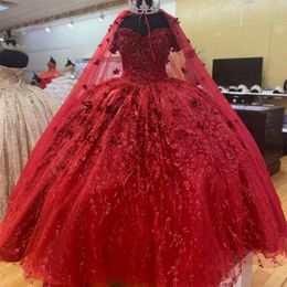 Robe de bal scintillante rouge16 ans filles perles fleurs 3D avec Cape robes de Quinceanera robes de fête d'anniversaire vestidos de 15
