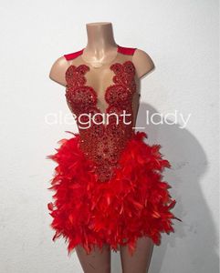 Rode sprankelende mini-avondcocktailjurken voor dames Luxe diamant Crystla Feather Verjaardagsgalajurk Homecoming Black Girl