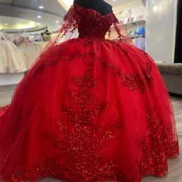 Robe de bal rouge scintillante sur l'épaule, en dentelle perlée, à paillettes, quinceanera, princesse douce, robes de soirée pour filles de 16 à 15 ans