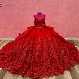 Robe de Quinceanera rouge scintillante, épaules dénudées, chérie, dentelle appliquée, fleur, robe de bal, 16 ans, 2024