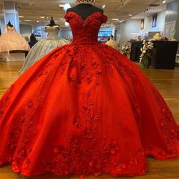 Red Sparkly Quinceanera robes de luxe formelle perles de dentelle appliques 3dflower sweet 15 robe graduation ball gwons