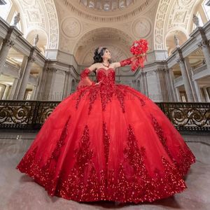 Robes de Quinceanera scintillantes rouges avec manches amovibles robe De 15 Anos robe de bal filles mexicaines douce 16 robe de fête d'anniversaire