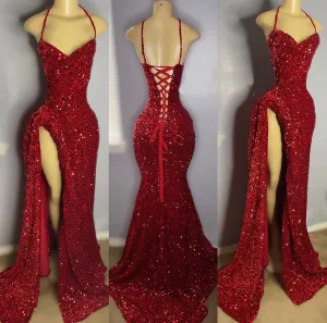 Red Sparkly Lades African Girl Birthday Jurken Slit Prom Outfit Beading Vestidos de Graduacion Cocktail Party Dress BC18190 0524