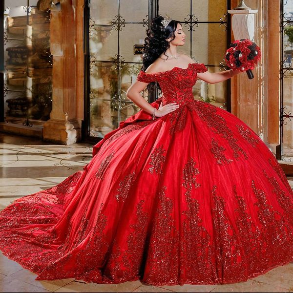 Vestidos de quinceañera con apliques de lentejuelas brillantes rojos, vestido de baile con hombros descubiertos, lazo de princesa para fiesta de 15 cumpleaños dulce 326 326