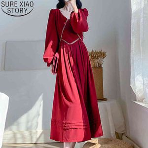 Rouge printemps coréen Vintage robes femmes bouffée à manches longues plissé mi-longueur robe taille haute vestidos 12911 210417