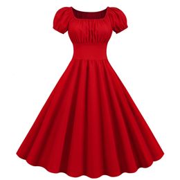 Red Square Neck Summer Dres V Big Swing Vintage Dress Robe Femme Elegante retro pin up feestavond Midi -jurken 240422