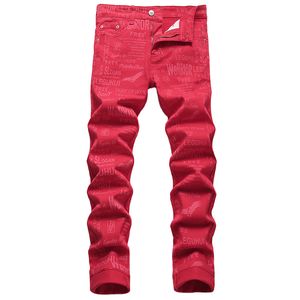 Rode stretch herenjeans lente zomer letterprint straatbroek mode casual katoenen denim broek slim fit pantalones