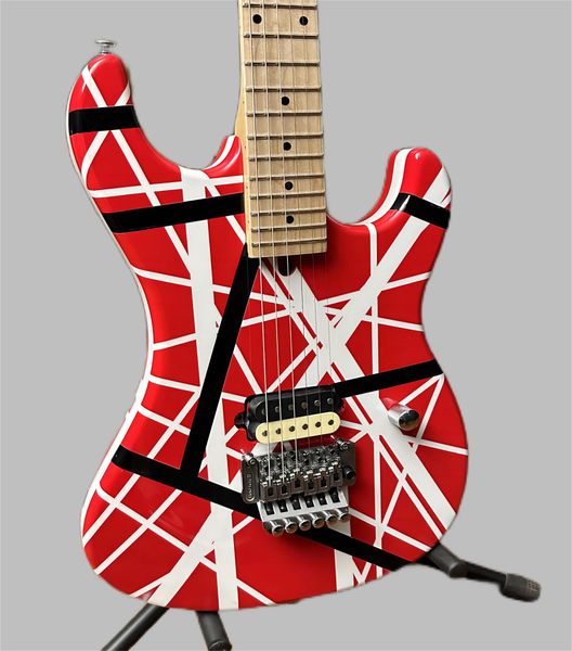 Guitare électrique blanche à rayures rouges, Floyd Rose, Bridge Tremolo, Maple Fingero, support Guitare électrique personnalisée, 5150