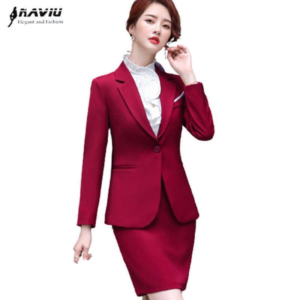 Support Rouge Spring Tempéramament Fashion Business Longue manches longues Blazer mince et Jupe Bureau Dames Work Wear Black 210604