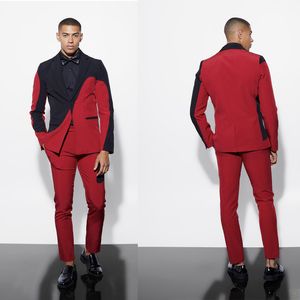 Red Suits Men Slim Fit formele bruiloft Tuxedos Groomsman zwarte reversblazer sets op maat gemaakt mannelijke mode kleding