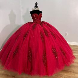 Rode Sweetheart Baljurk Jurken Voor Meisjes Kralen Verjaardagsfeestje Jurken Pailletten Bloem Applicaties Vestidos De Quinceanera 326 326