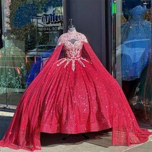 Red Sweetheart Ball Jurk Quinceanera voor meisjes kralen kristal verjaardagsfeestjesjurken met cape prom -jurken gewaad de bal