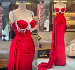 Red Sweetheart Mermaid Prom Jurks riemen met kwastjes vloer-lengte formele avondfeestjurken aangepaste elegant vestido de gala