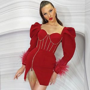rode kwastje blingbling lange mouwen sexy jurken herfst feestavond club bandage bodycon kokerjurk YS3226