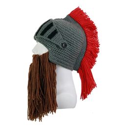 Gland rouge Cosplay chevalier romain tricot casque hommes casquette originale barbare fait à la main hiver chaud barbe chapeaux drôle bonnets cadeaux de fête 240103