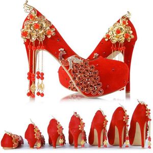 Chaussures de mariage à pompon rouge, chaussures de mariée à talons hauts faites à la main, de Style chinois, en Satin Cheongsam, escarpins de fête pour femmes, pompon291D