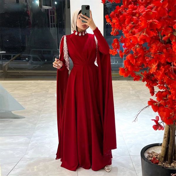 Teassel rouge perles robes de bal musulmanes col haut une ligne arabe Dubaï robe de soirée formelle longueur de plancher en satin Kafan tenue de soirée
