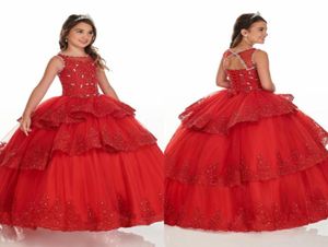 Rood Drie Lagen Baljurk Ruche Mini Quinceanera Jurken Pageant Meisjes Kant Kralen Laceup Juweel Bloemenmeisjesjurk Feest Graduati8592606