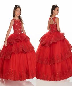 Red Three Capas Vestido de pelota Ruffle Mini Quinceanera Vestidos Pageant Girls Lace Beads LaceUp Jewel Flower Girl Fiesta Graduati5414398