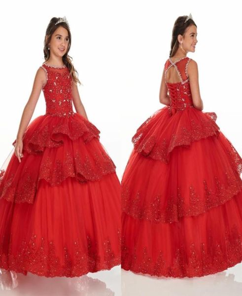 Rouge trois couches robe de bal à volants mini Quinceanera robes Pageant filles dentelle perles lacets bijou fleur fille robe fête Graduati2630298