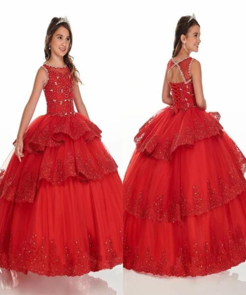 Red Three Capas Vestido de pelota Ruffle Mini Quinceanera Vestidos Pageant Girls Lace Beads LaceUp Jewel Flower Girl Fiesta Graduati5414398