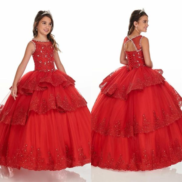 Rouge Trois Couches Robe De Bal À Volants Mini Quinceanera Robes Pageant Filles Dentelle Perles À Lacets Bijou Fleur Fille Robe Partie Graduati2511