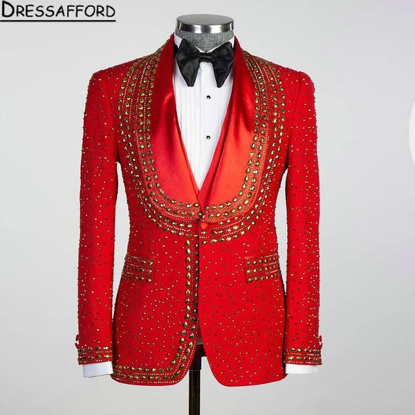 Red Three Pieces Men Suit Gold Beading Crystal Evening Party Blazer Groom Wear (veste + gilet + pantalon)