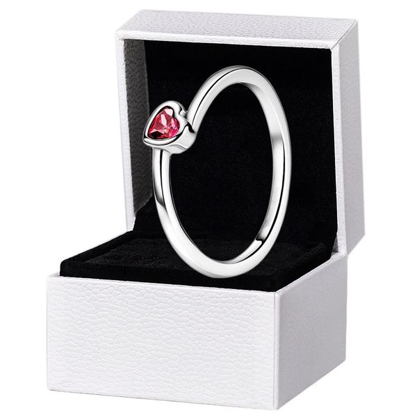 Anillo solitario de corazón inclinado rojo para mujer Regalo de boda de plata esterlina 925 Caja original para Pandora Clear CZ conjunto de anillos de diamantes