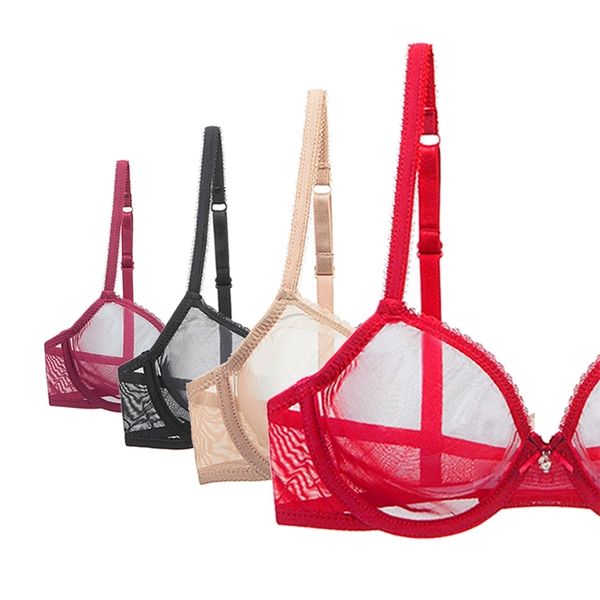 Sujetadores transparentes rojos para mujeres Tallas grandes Lencería sexy Push Up Lace Mesh Girls Bra Top Ver a través de Blanco Negro 40 42 A B C D 220519