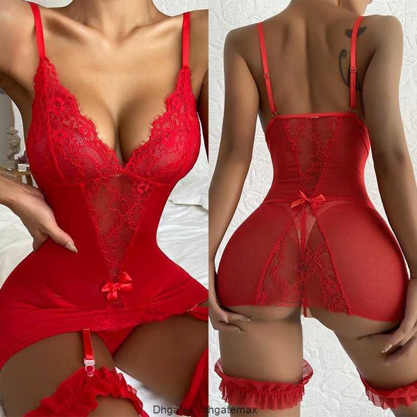 Lencería Sexy transparente roja para mujer, ropa interior erótica caliente, disfraz Sexy de encaje, conjunto de ropa interior con entrepierna abierta, vestido sexual para Cosplay, mono