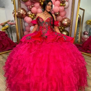 Rode Tull Puffy Prinses Quinceanera Jurken Gillter Crystal Kralen applique Ruches Lace-up corset Prom vestido voor 15 anos