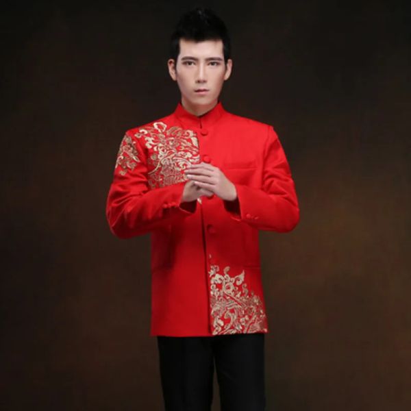 tuniques rouges hommes traditionnels chinois masculin oriental pour hommes shanghai tang cheongsam top mariage