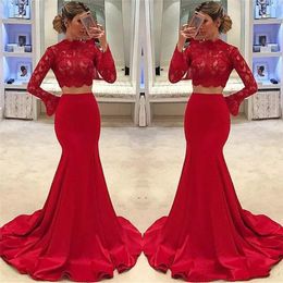 Rode tweedelige prom jurken kant lange mouwen hoge nek zeemeermin prom jurk Dubai formele avondjurken vestidos de gala
