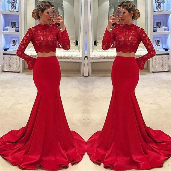 Vestidos de fiesta rojos de dos piezas de encaje de manga larga de cuello alto vestido de fiesta de sirena vestidos de noche formales de Dubái vestidos de gala