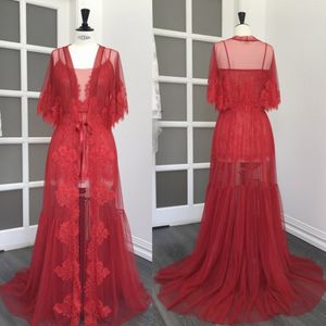 Rode twee stuk bruiloft gewaden spaghetti riem applique kant huisvrouwen vrouwen badjas vloer lengte tule aangepaste nachtjurk voor vrouwen