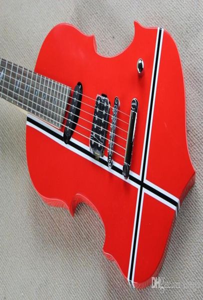 Guitarra eléctrica roja de forma inusual con patrón de rayas blancas y negras Cuerpo estilo violín 27 trastes que ofrece servicios personalizados 7490211