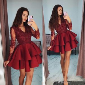 Red V Neck Homecoming -jurken Stijlvol gelaagde lange mouw Kralen Lace Applique Short Prom jurk Mooie mode feestcocktailjurk 276H