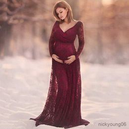 Accesorios de fotografía de maternidad de manga larga con cuello en V rojo ropa de embarazo vestido de maternidad sesión de fotos de lujo Pregnan R230519