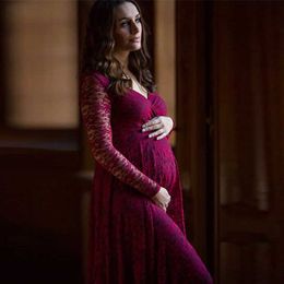 Accesorios de fotografía de maternidad de manga larga con cuello en V rojo, ropa de embarazo, vestido de maternidad, sesión de fotos elegante Pregnan
