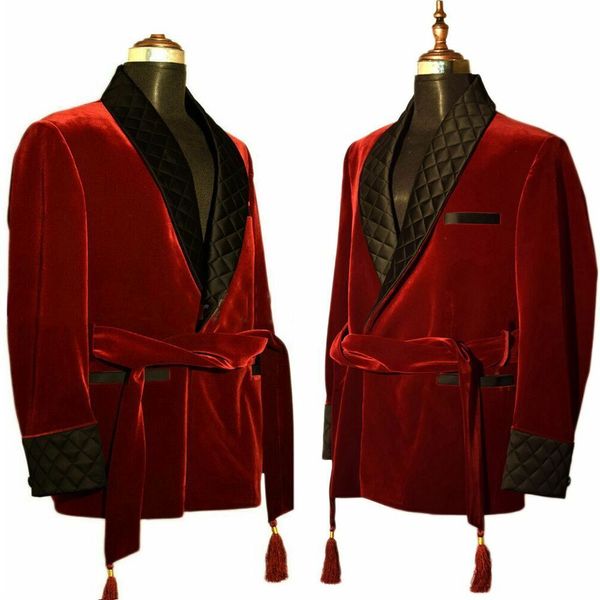 Veste de veet rouge pour hommes châles Tuxedos sur les blazers de mariage de sein unique sur mesure avec ceinture