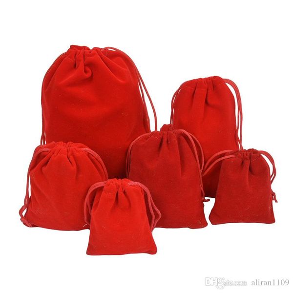 Pochettes à bijoux en tissu de velours rouge Sacs à cordon Pochette de sac cadeau de bonbons Faveurs de mariage de Noël